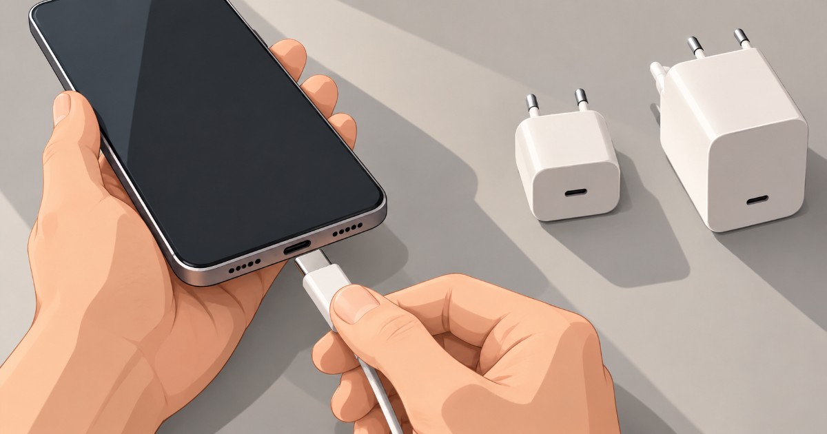 Ruka zasouvá konektor USB-C do telefonu, vedle dva síťové adaptéry